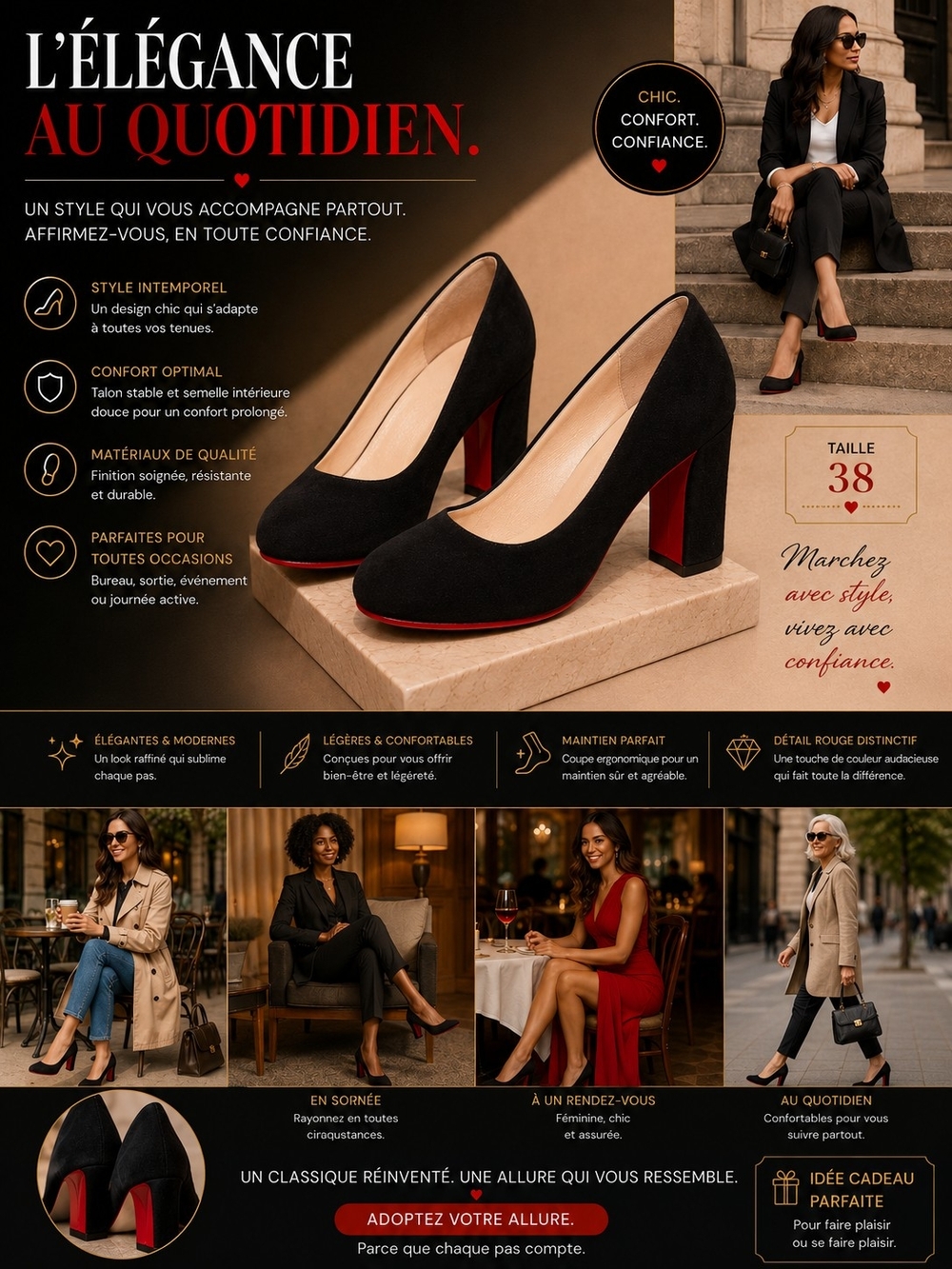 Women’s Black Suede Block Heel Pumps with Red Sole
